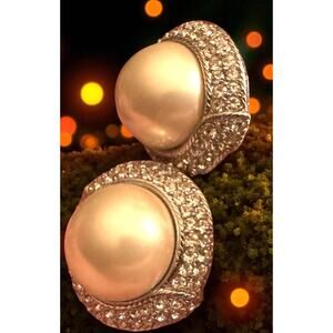 Ciner Crystal Rhinestone Faux Pearl Signed Rhinestone Vintage Estate Earrings